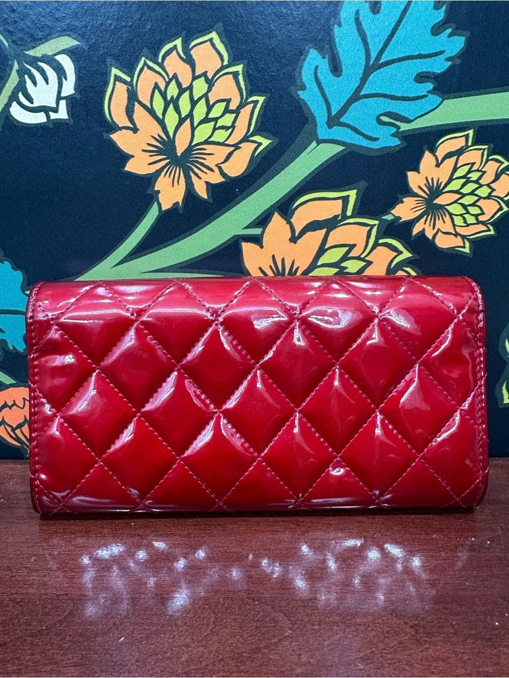 Chanel Classic Red Patent Quilted Long Flap Wallet Silver CC 13 Series